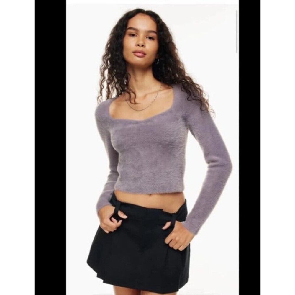Aritzia Sunday Best Medium Elsie Long Sleeve Sweater Crop Top Women Gray Fuzzy